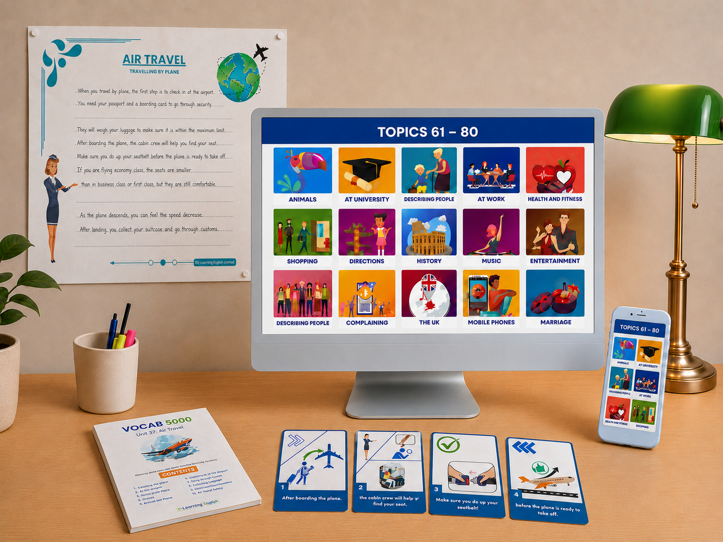 VOCAB 5000 topics shown on a desktop monitor and mobile phone, alongside a printed Unit 37 Air Travel resource pack and speaking cards